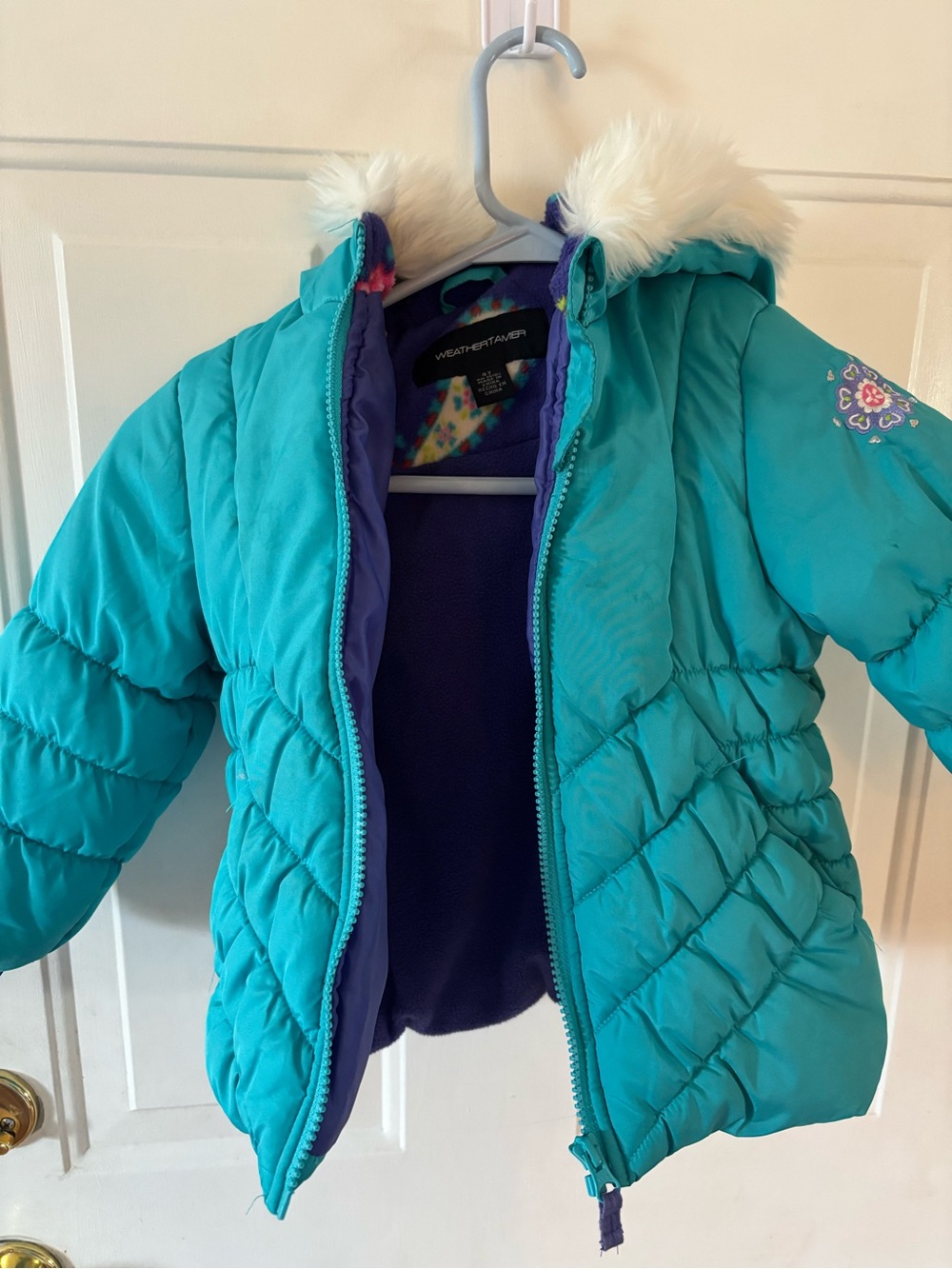 Girls' Teal Winter Puffer Jacket with Faux Fur Hood